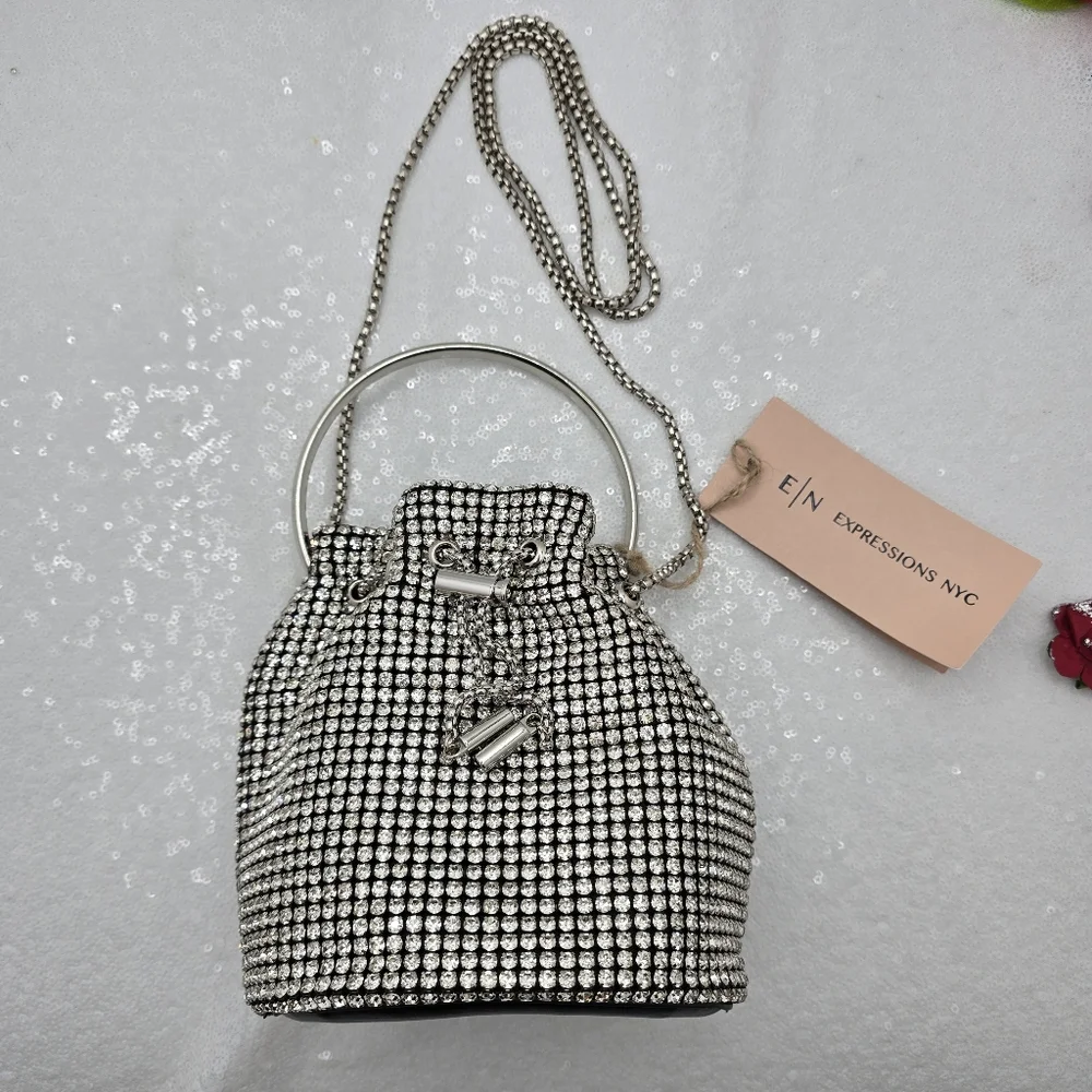 E|N Expressions NYC Rhinestone Small Bucket Bag Top Handle Shoulder Silver-tone